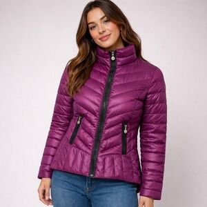 Betsey Johnson Purple Quilted Down Puffer Jacket Peplum Hem Feminine Edgy Small